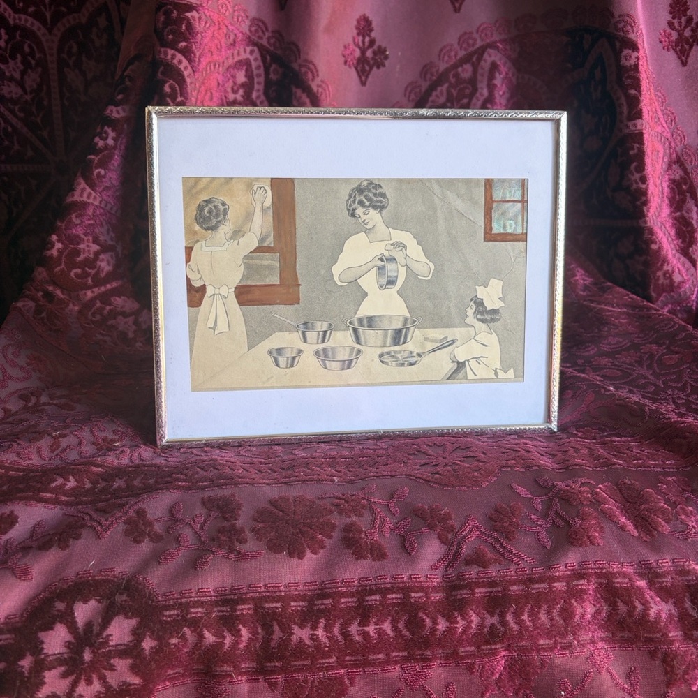 Vintage Framed Illustration of Women Cleaning Metal Pots- Silver Frame